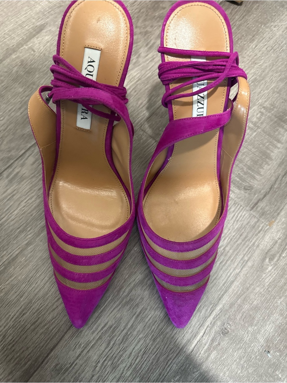 Aquazzura Fuchsia Suede Pointed Lace-Up Strappy Pumps
